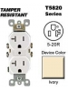 Leviton T5820-I 20 Amp, 125 Volt, Tamper Resistant, Duplex Receptacle, Straight Blade, Residential Grade, Self Grounding, Ivory